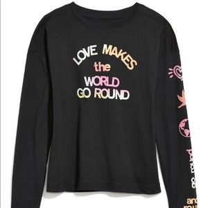 OLD NAVY Box-Fit Long-Sleeve Graphic Cotton Jersey BLACK T-Shirt Top LOVE..WORLD